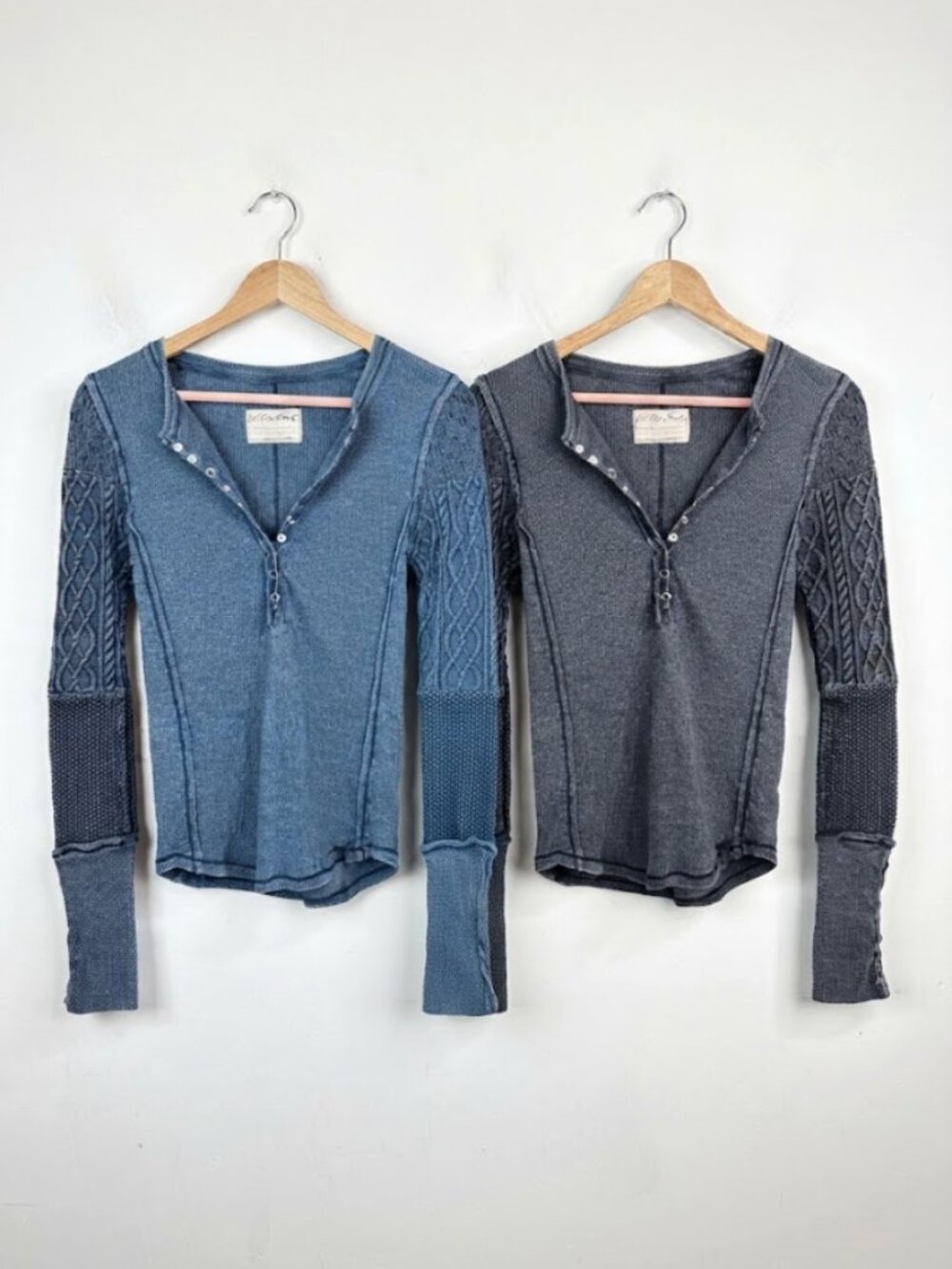 Free People We The Free Twisted Cable Cuff Henley Waffle Top Lot of 2 Sz S Boho